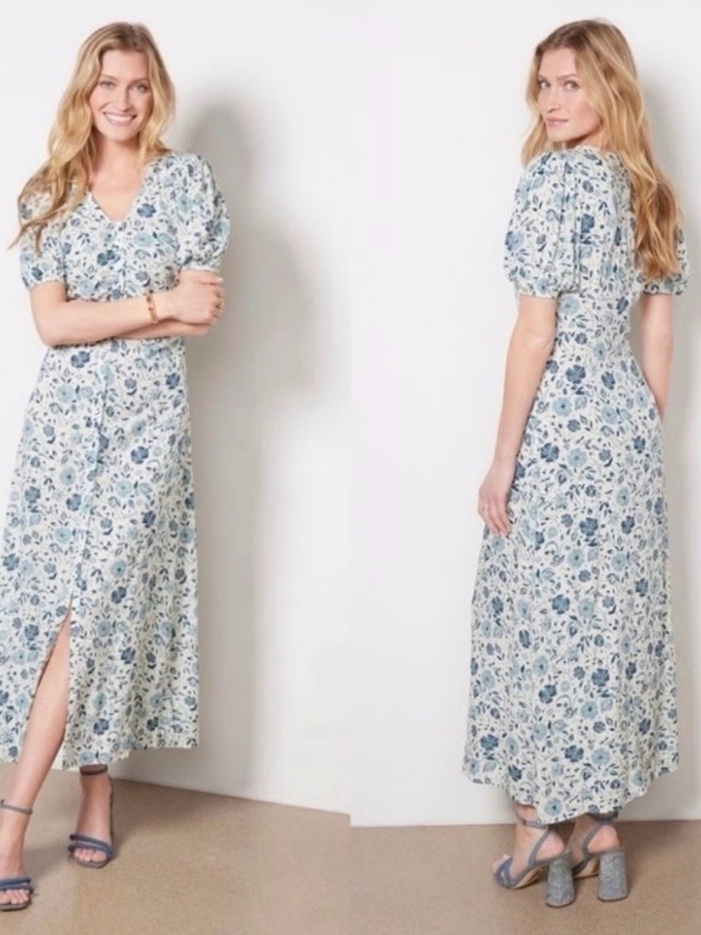 Faherty Blue Floral V-Neck Puff-Sleeve Maxi Dress